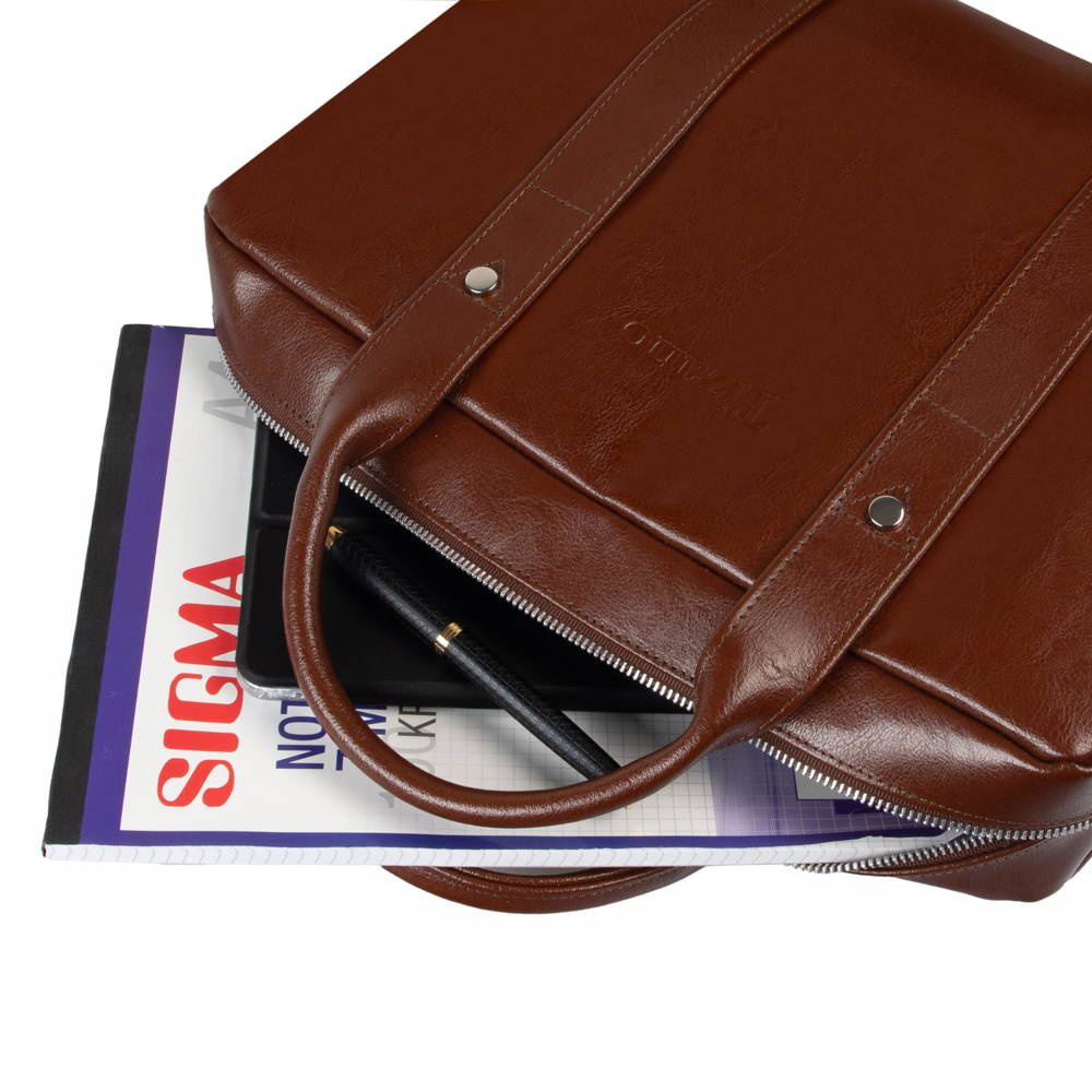 Torba skórzana unisex Tizano TM07 biznesowa na laptopa A4 brązowa - detale metalowe i pasek