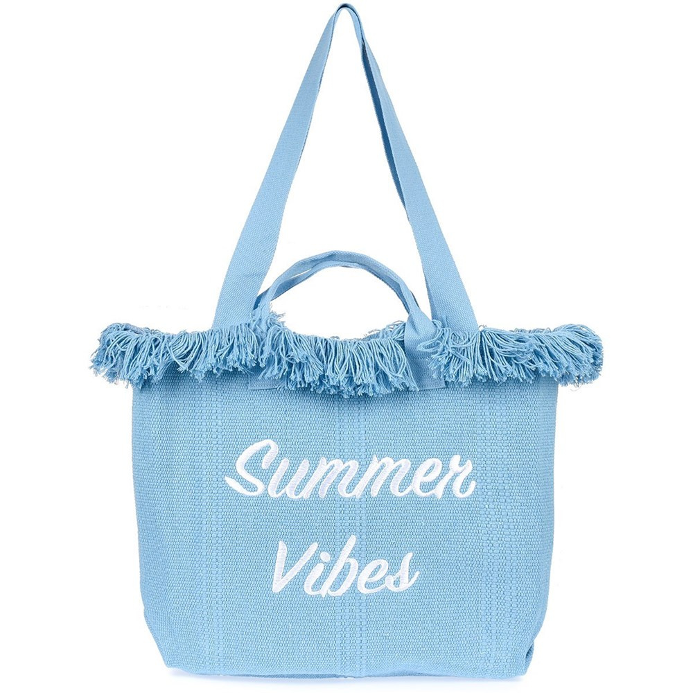 Niebieska torba damska Krateczka TOR-K-2, jasnoniebieska, z frędzlami i haftem Summer Vibes, gładkie uchwyty, przód