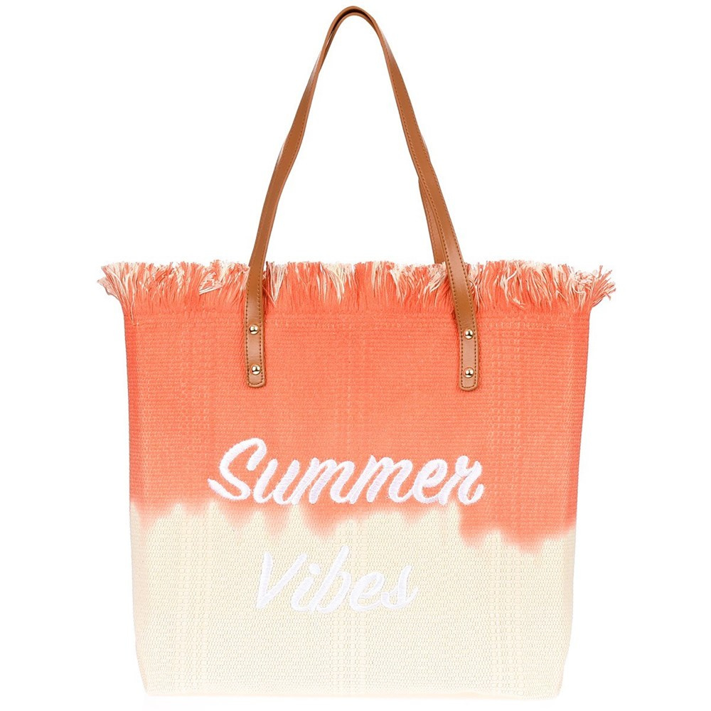 Pomarańczowa torba damska Krateczka TOR-K-1, z kremowym dołem, frędzlami i haftem Summer Vibes, przód