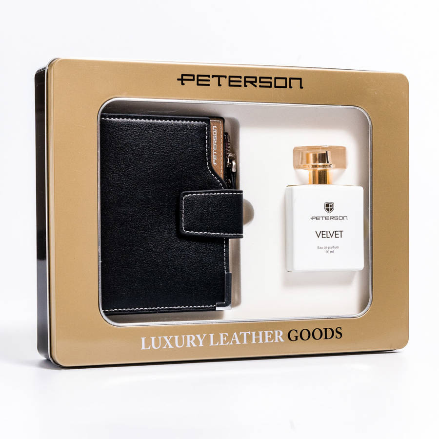 Czarny portfel damski i woda perfumowana Velvet w puszce zestawu Peterson ZD30