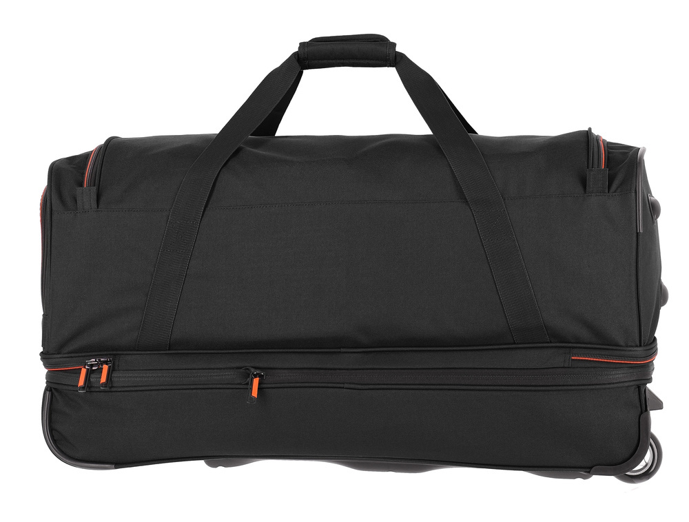 Czarna torba Travelite Basics 98 l od tyłu, z dwiema rączkami i zamkiem błyskawicznym dolnej części