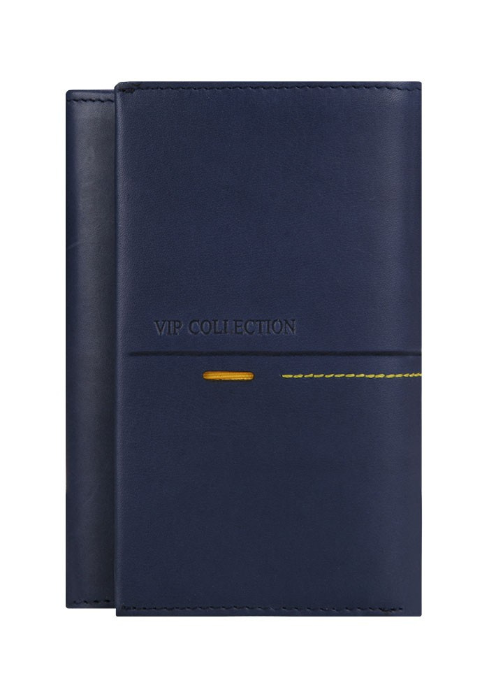 Granatowy portfel damski Vip Collection Beverly Hills 29 z klapą, żółtym przeszyciem i tłoczonym logo