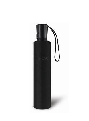 Czarny parasol Happy Rain Essentials złożony w pokrowcu, z rączką i pętlą na nadgarstek