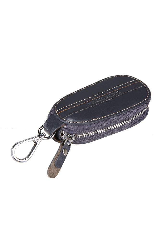 Szare etui na klucze Vip Collection Palermo 10 ze skóry naturalnej ujęte pod kątem, z zamkiem błyskawicznym i karabińczykiem