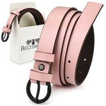 Skórzany pasek damski pudrowo różowy z czarną klamrą Beltimore A62