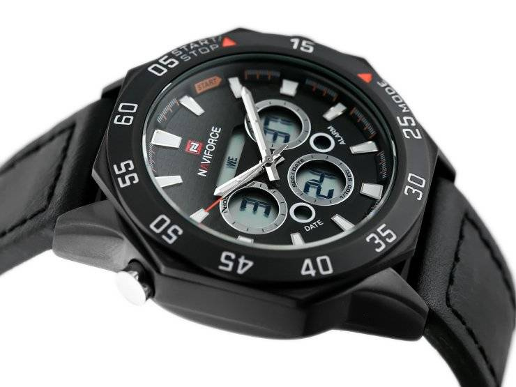 Czarny zegarek męski Naviforce NF9043M - koperta z boku z koronką i przyciskami