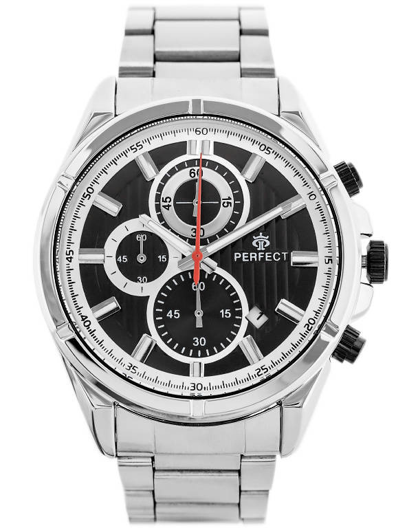 Srebrny zegarek męski Perfect CH03M-02 - zegarek z przodu na białym tle, czarna tarcza