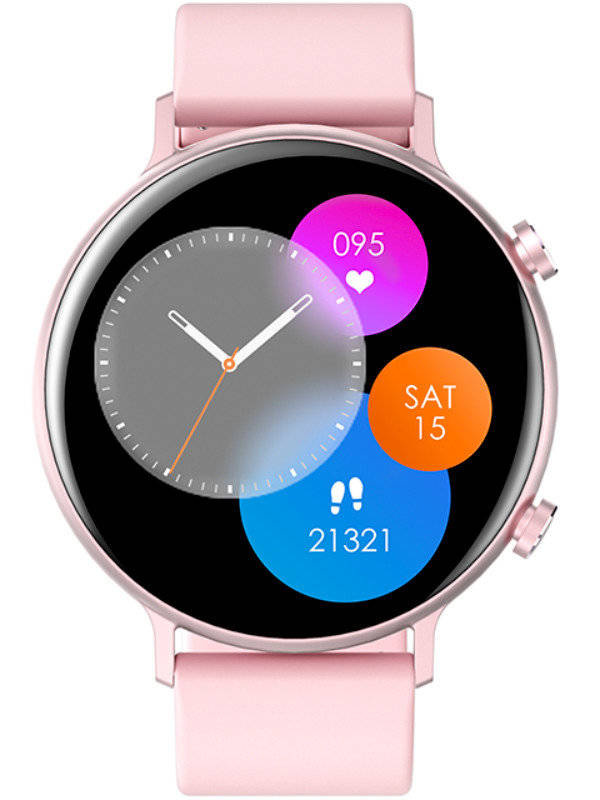 Różowy smartwatch damski Rubicon RNCE98 - z przodu na białym tle, różowy pasek
