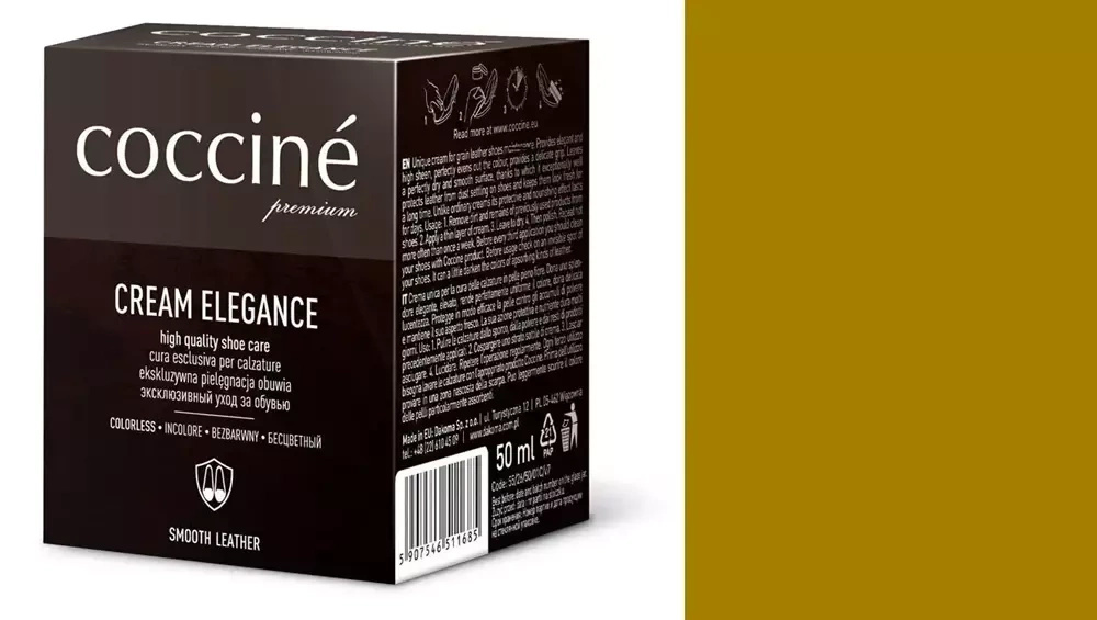 Krem do skóry gładkiej Coccine brązowy - kartonik Coccine Cream Elegance 50 ml i próbnik koloru w odcieniu musztardowo-