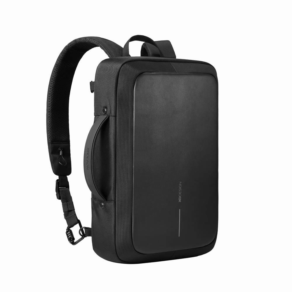 Czarny plecak XD Design Bobby Bizz 2.0 pod kątem, z rączką na boku i szelkami