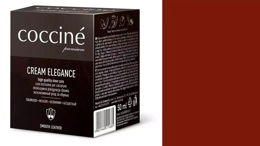 Krem do skóry gładkiej Coccine brązowy - kartonik Coccine Cream Elegance 50 ml i próbnik koloru w odcieniu