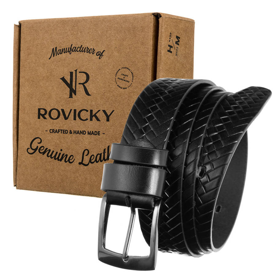 Zwinięty czarny pasek Rovicky PRS-02-G przy firmowym pudełku