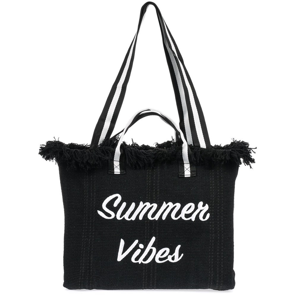 Czarna torba damska Krateczka TOR-K-2, z frędzlami i białym haftem Summer Vibes, uchwyty w czarno-białe paski, przód
