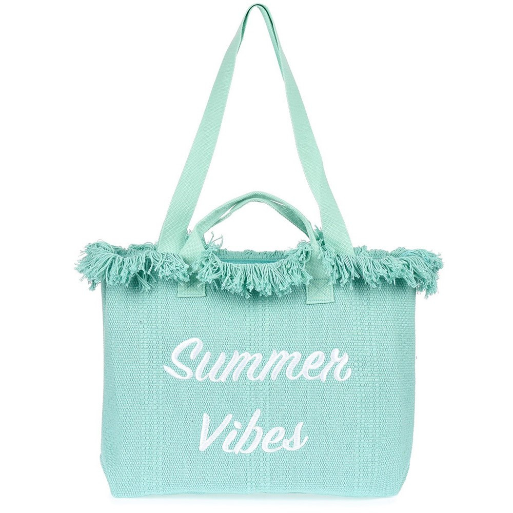 Miętowa torba damska Krateczka TOR-K-2, z frędzlami i haftem Summer Vibes, gładkie uchwyty, przód