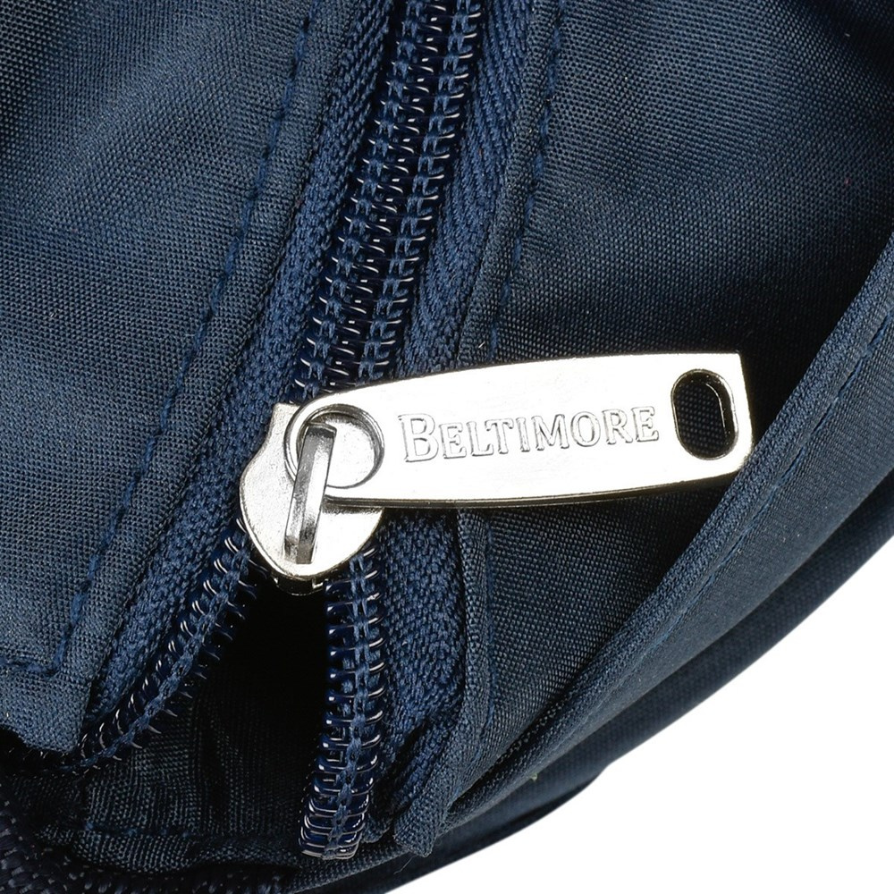 Granatowa torebka damska Beltimore J30, zbliżenie suwadła z logo Beltimore