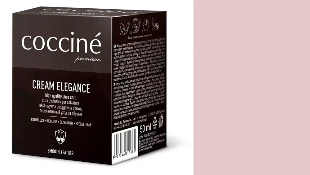 Krem do skóry gładkiej Coccine beżowy - kartonik Coccine Cream Elegance 50 ml i próbnik koloru w odcieniu