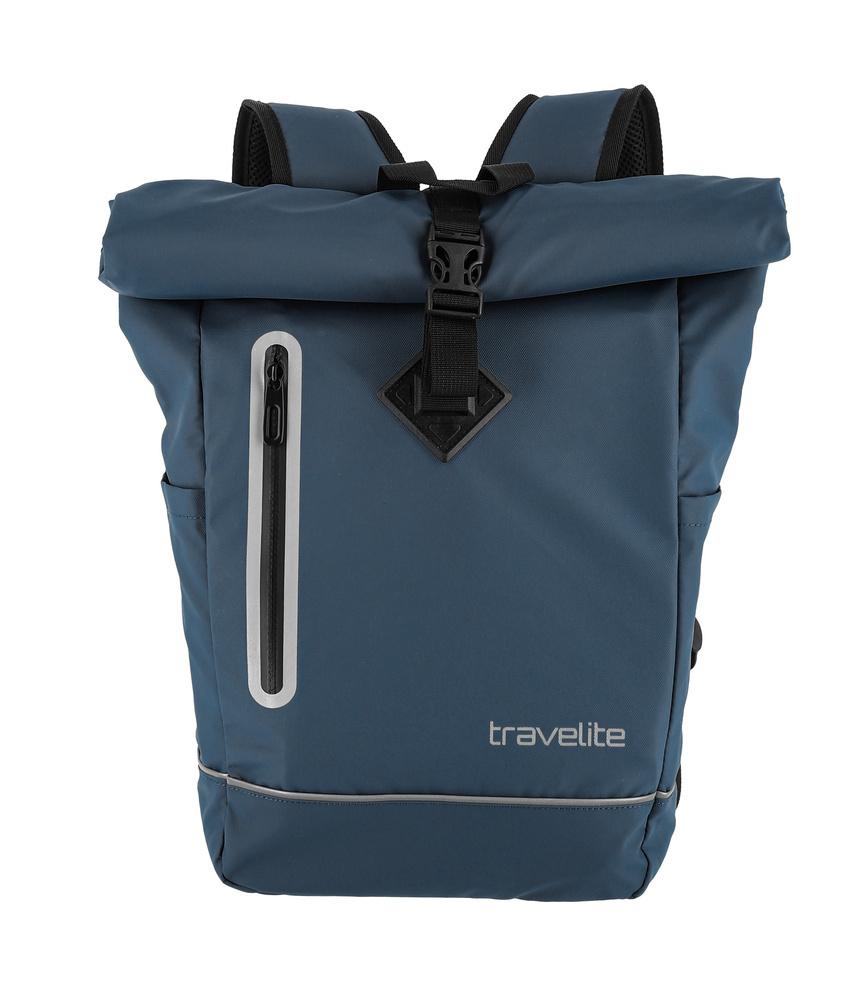 Granatowy plecak Travelite Basics od przodu, z jasnym obszyciem pionowej kieszeni i logo travelite