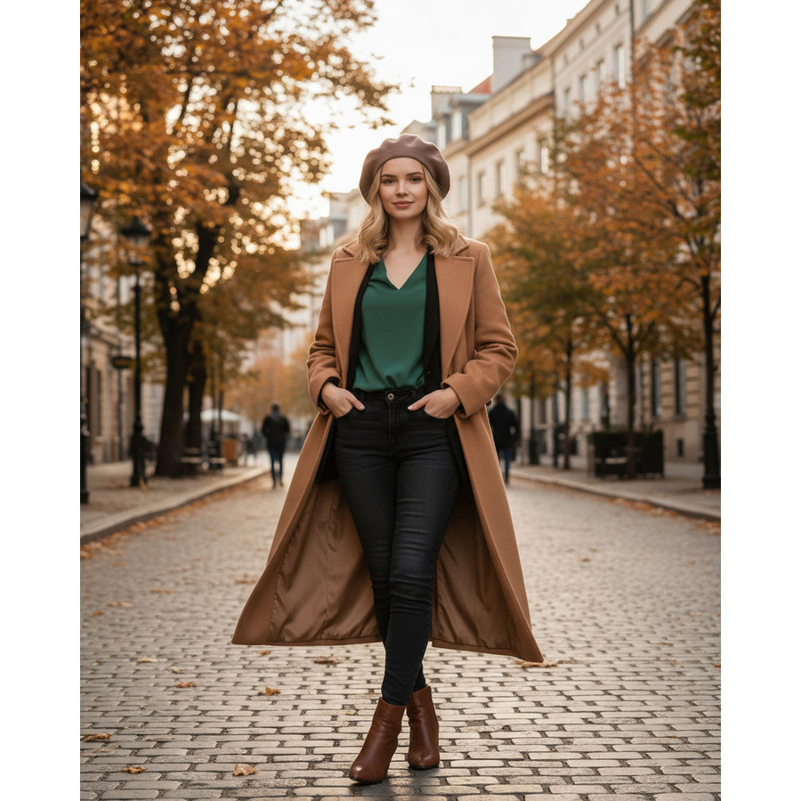 Khaki beret Rovicky BER-A10 w jesiennej stylizacji