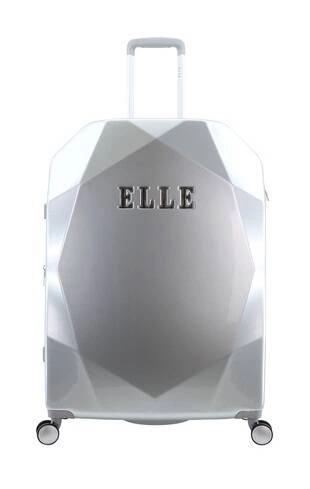 Srebrna walizka duża twarda ABS Elle Diamond 78 z przodu, z fasetowaną skorupą i wypukłym napisem Elle
