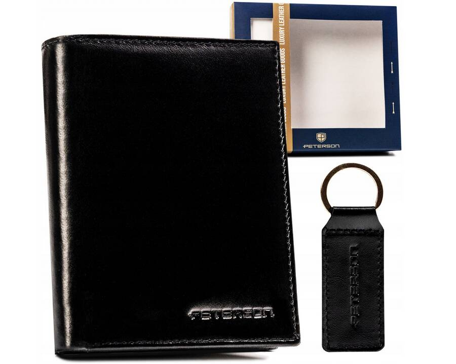 Czarny portfel męski Peterson SET-M-1549-KCS bez zapięcia z brelokiem