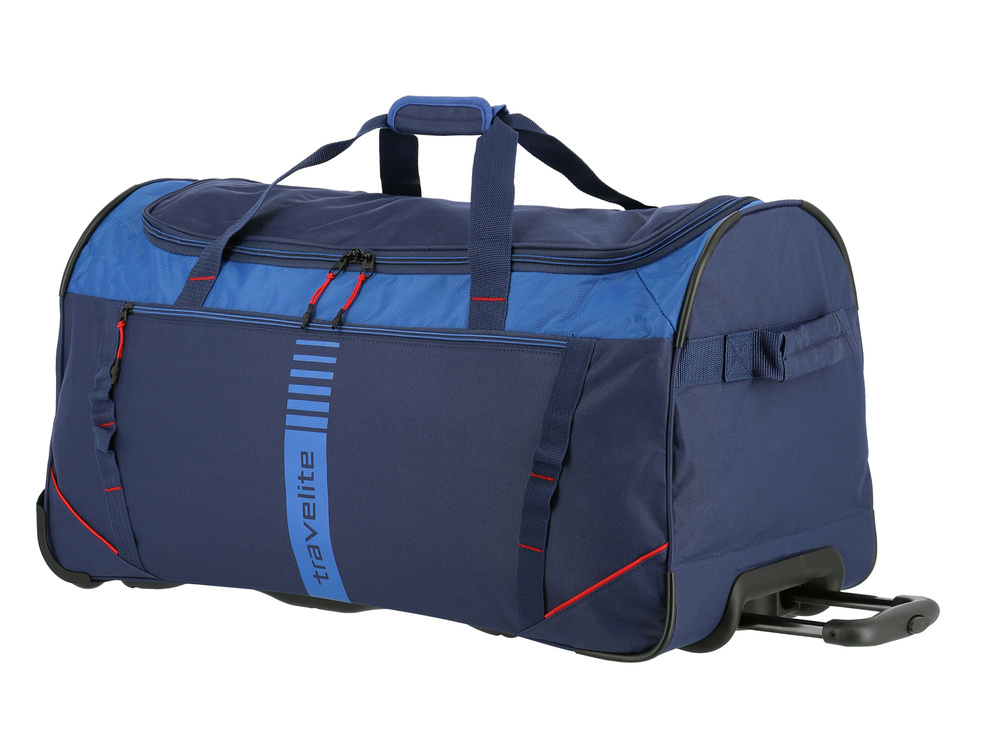 Granatowa torba Travelite Basics Active z pionowym pasem z logo, czerwonymi akcentami i dwiema rączkami u góry