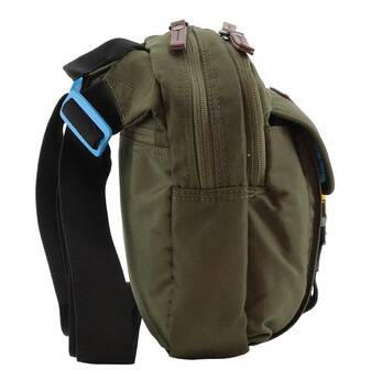Torba Discovery Icon 712 khaki z boku, z dwoma zamkami błyskawicznymi i czarnym paskiem na ramię