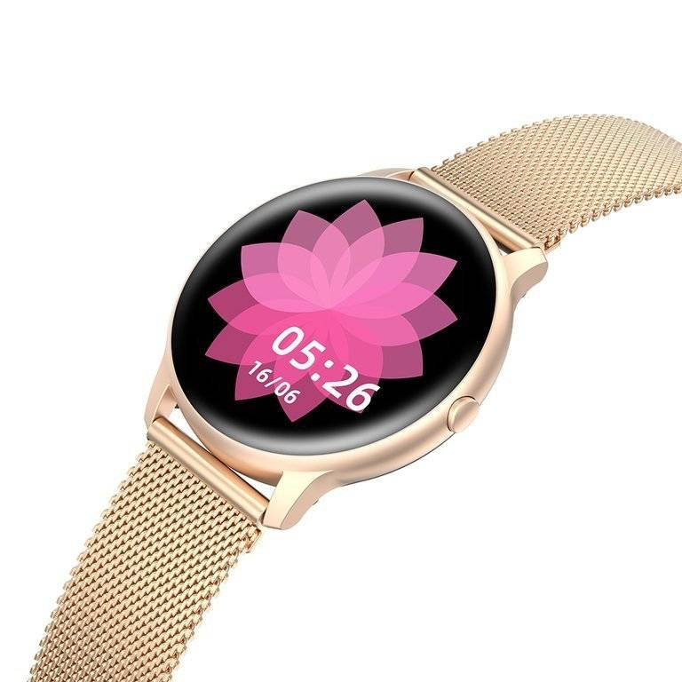 Smartwatch damski G. Rossi SW015-4 w kolorze różowego złota - smartwatch pod kątem z boku, bransoleta siatkowa