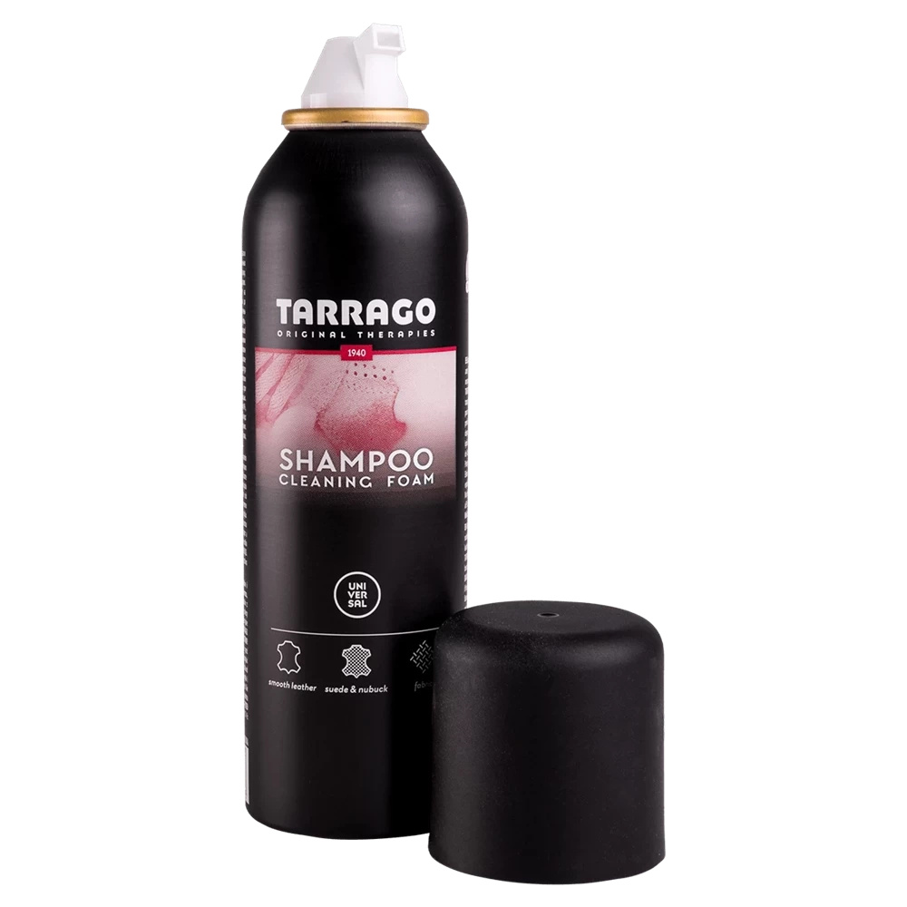 Pianka czyszcząca do skóry i tekstyliów Tarrago - puszka Tarrago Shampoo Cleaning Foam z przodu, obok zdjęta nakrywka