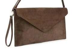 Skórzana kopertówka damska wizytowa torebka zamszowa brązowa - Vera Pelle N12