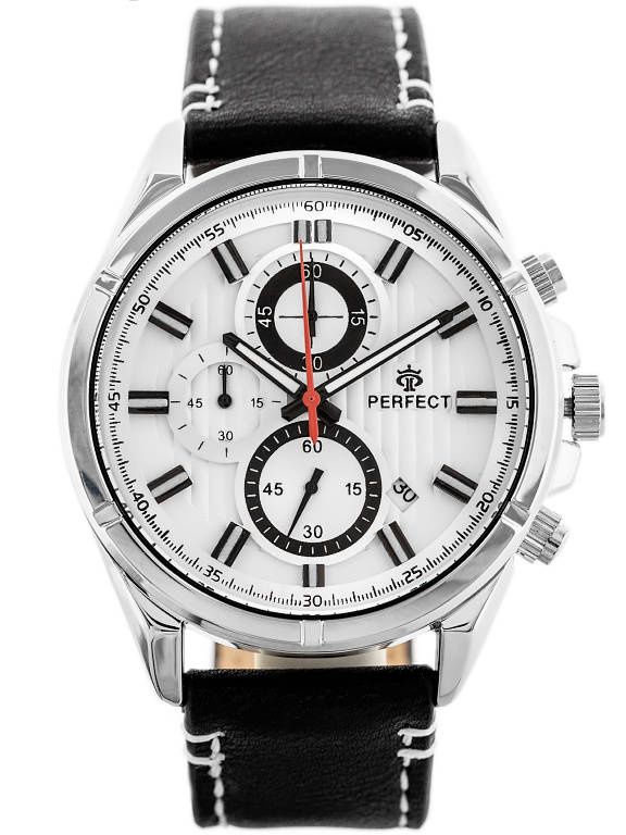 Czarno-srebrny zegarek męski Perfect CH03L-01 - zegarek z przodu na białym tle, srebrna tarcza