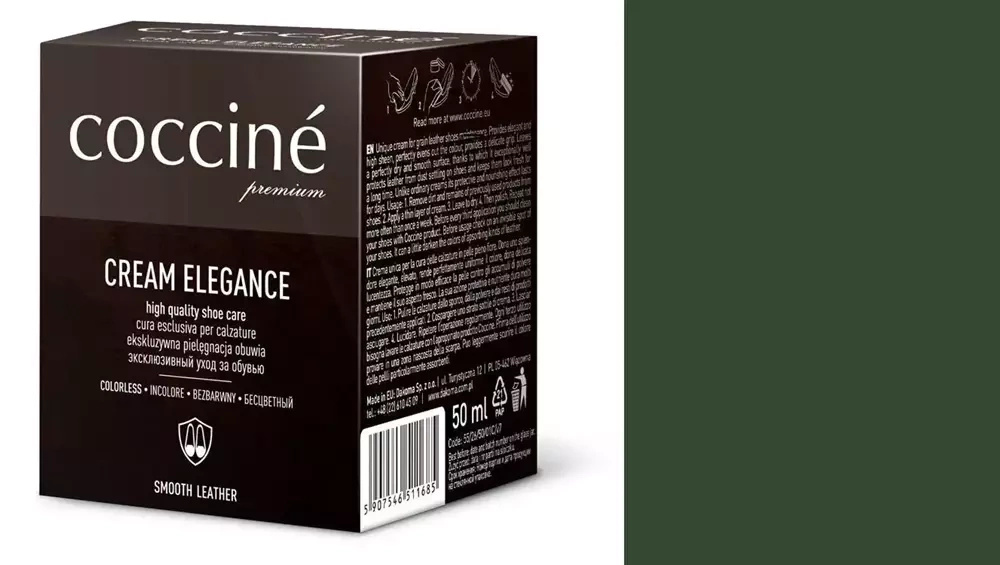 Krem do skóry gładkiej Coccine zielony - kartonik Coccine Cream Elegance 50 ml i próbnik koloru w odcieniu ciemnozielonym