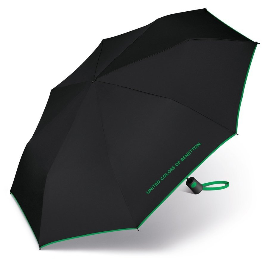 Czarny parasol Benetton Mini AC rozłożony, z zieloną lamówką i napisem United Colors of Benetton