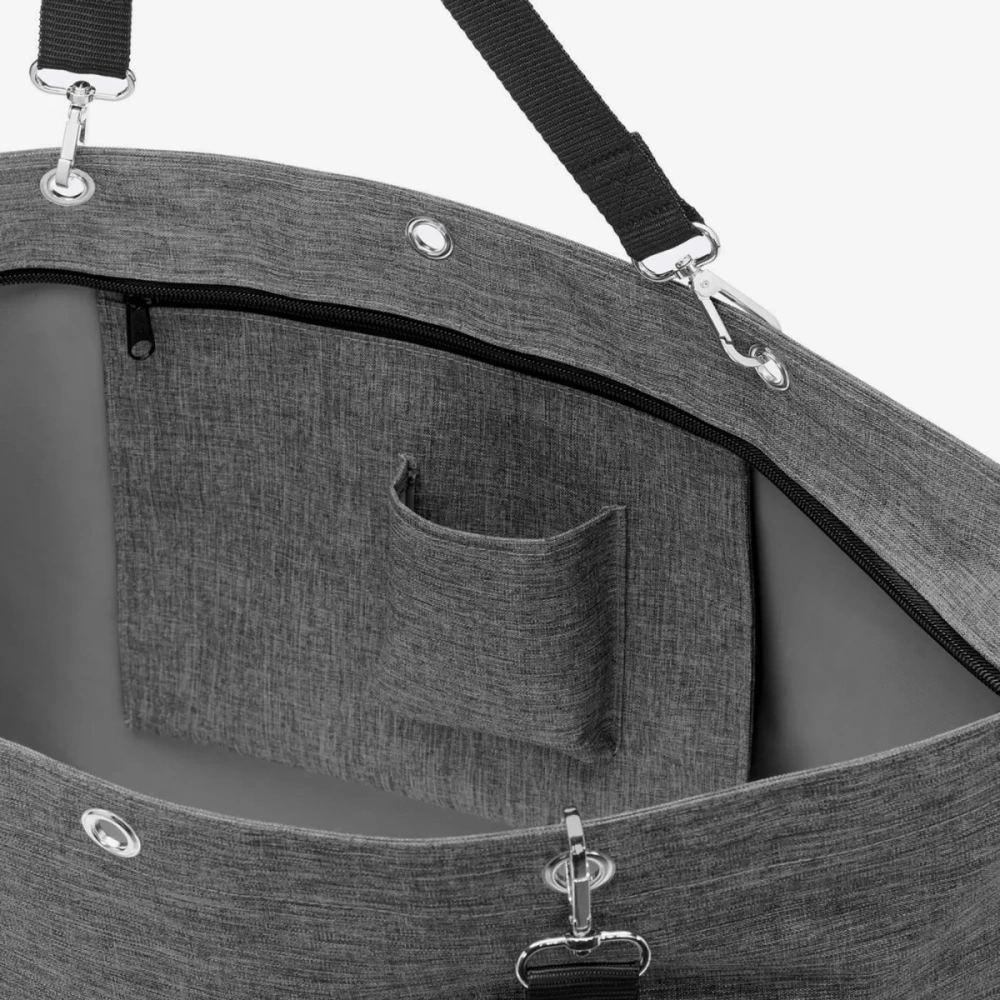 Szara torba na zakupy Reisenthel shopper XL z bliska, z kieszenią wewnętrzną i uchwytami na karabińczykach