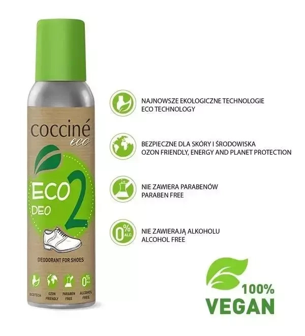Dezodorant do butów Coccine - butelka Eco Deo z ikonami ekologicznych cech i napisem 100% vegan