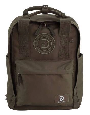 Khaki plecak na laptopa z tkaniny Discovery Cave 810 z przodu, z dwiema rączkami, kieszenią na zamek i tłoczonym logo