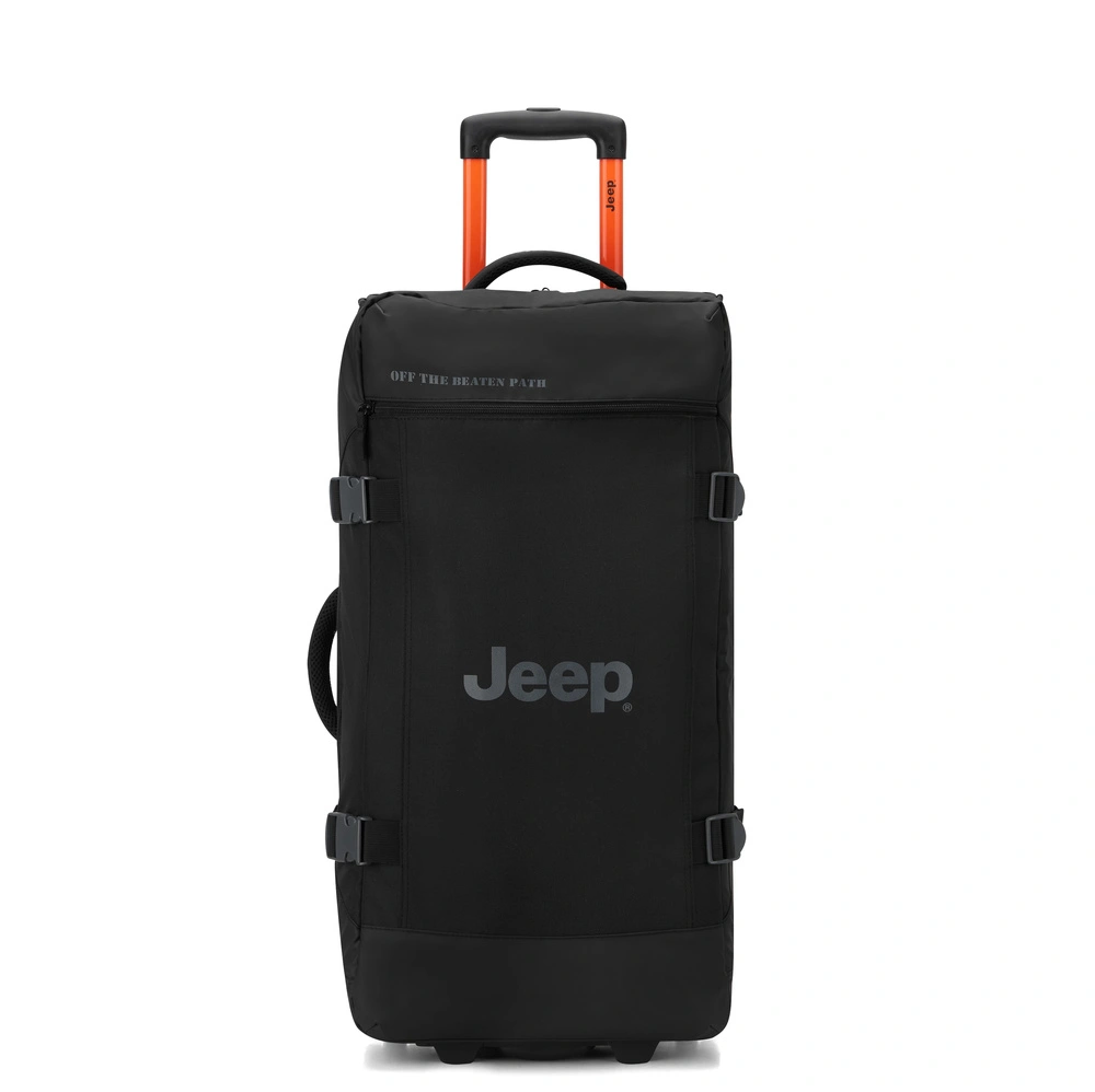 Czarna torba podróżna Delsey Jeep JS007C średnia z przodu, z pomarańczowym stelażem i szarym logo Jeep