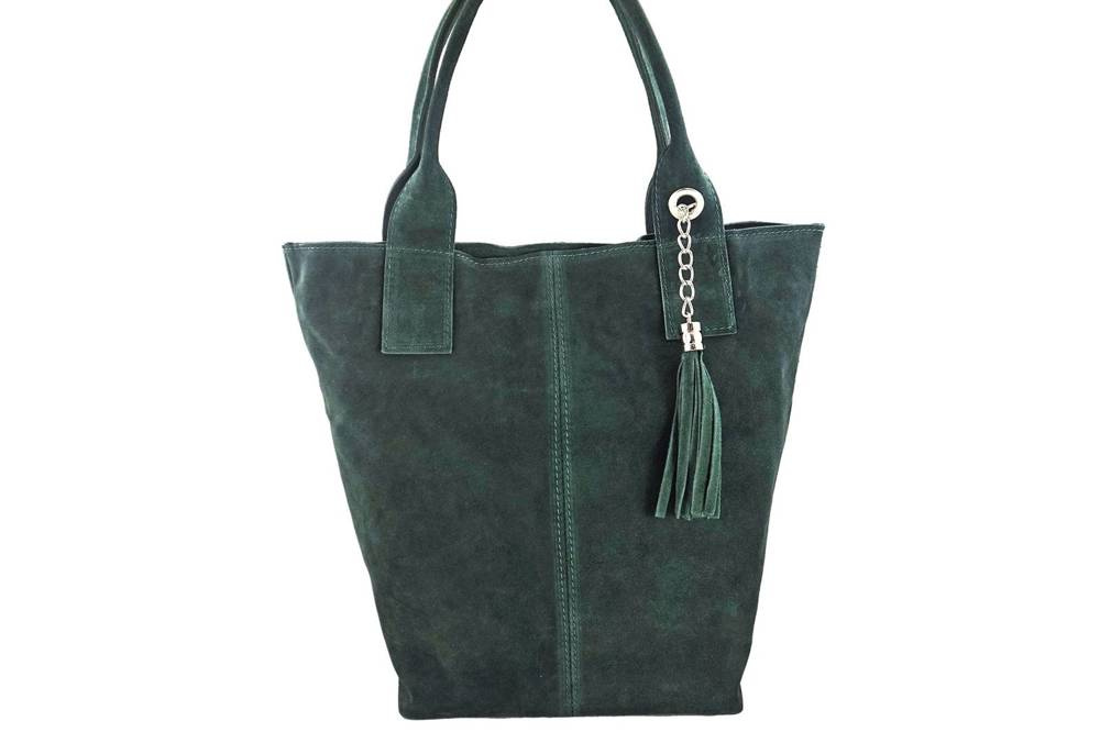 Torebka skórzana zamszowa damska Barberini's 375/8-42 shopper bag A4 ciemnozielona - szlachetna faktura zamszu