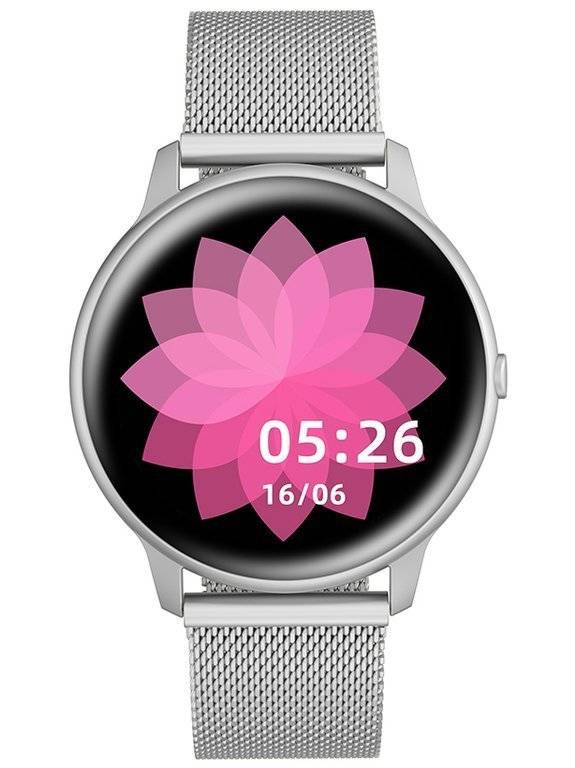 Srebrny smartwatch unisex G. Rossi SW015-3 - smartwatch z przodu na białym tle z kwiatową tarczą