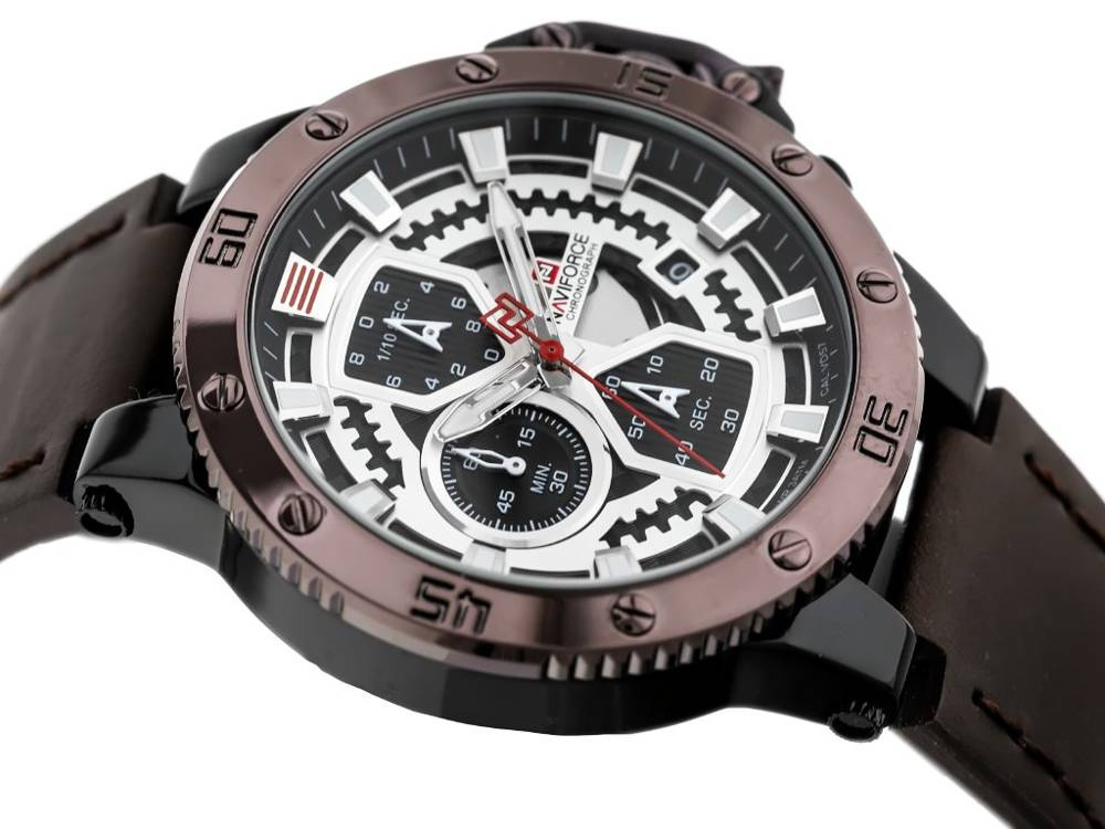 Czarno-brązowy zegarek męski Naviforce NF9159 - koperta z boku z przyciskami chronografu