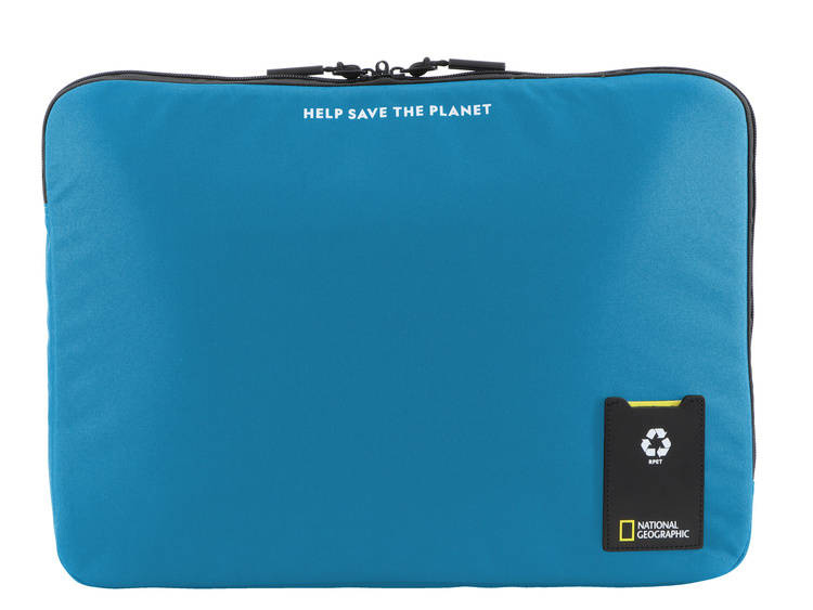 Turkusowe etui na laptopa National Geographic Ocean 20905 z napisem HELP SAVE THE PLANET i naszywką z logo