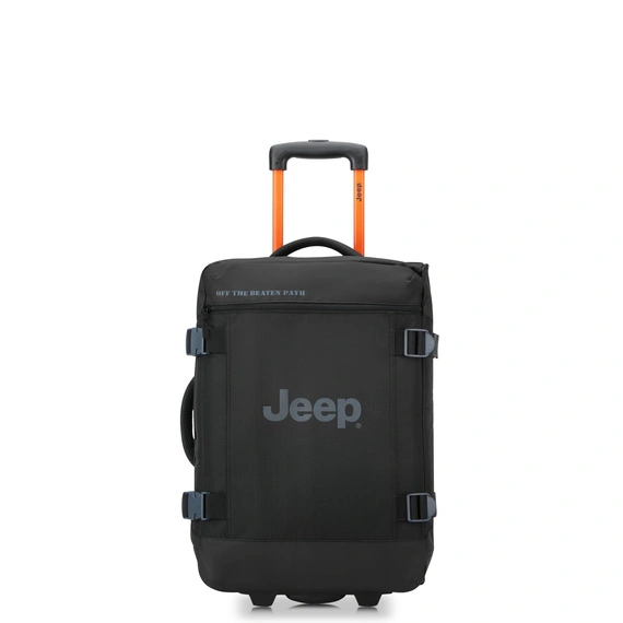 Czarna torba podróżna z poliestru Delsey Jeep JS007C 55 z pomarańczową rączką teleskopową, logo Jeep i paskami z klamrami