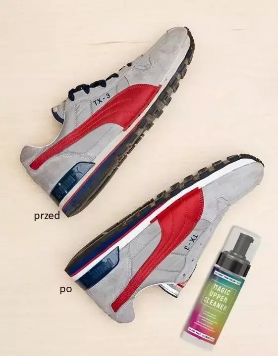 Pianka czyszcząca do butów Bama - sneakersy przed i po czyszczeniu, obok butelka