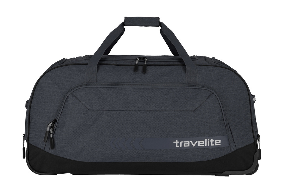 Antracytowa torba Travelite Kick-Off XL na kółkach z przodu, z kieszenią na zamek i logo travelite