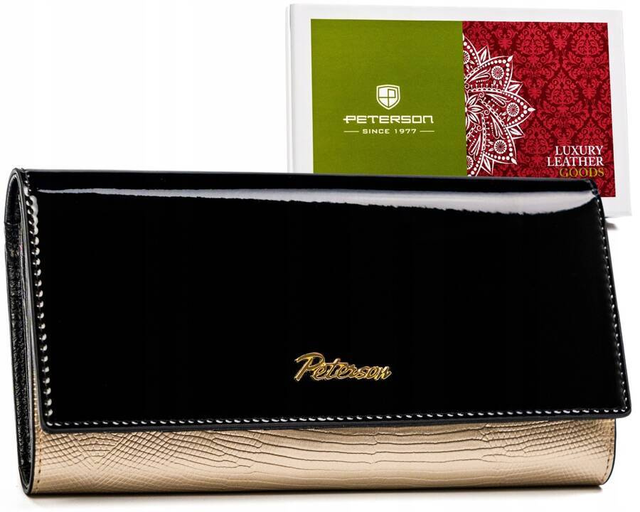 Czarno-złoty lakierowany portfel damski Peterson LJ-490