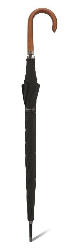 Czarny parasol Pierre Cardin Primeur Long złożony, z brązową zakrzywioną rączką i paskiem z logo