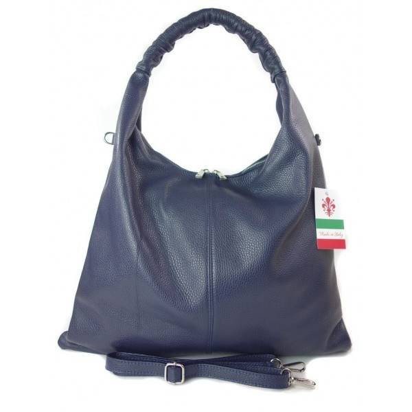 Torebka skórzana damska Vera Pelle WX435BS shopper worek A4 granatowa - front torebki i skórzane detale
