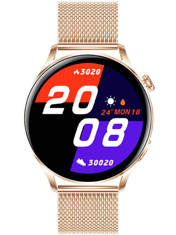 Smartwatch damski Rubicon RNCE81 w kolorze różowego złota - z przodu na białym tle, bransoleta mesh