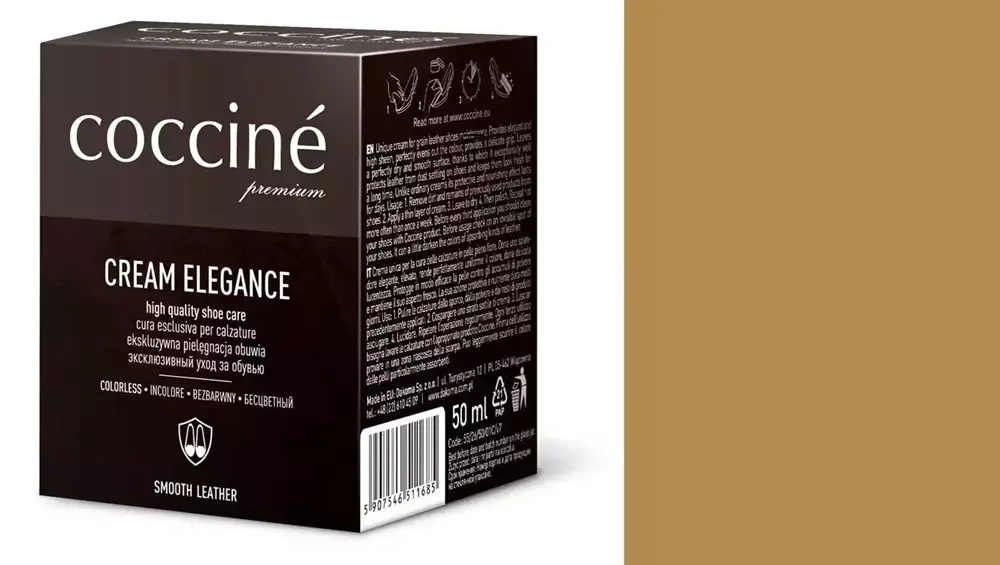Krem do skóry gładkiej Coccine złoty - kartonik Coccine Cream Elegance 50 ml i próbnik koloru w odcieniu złotym