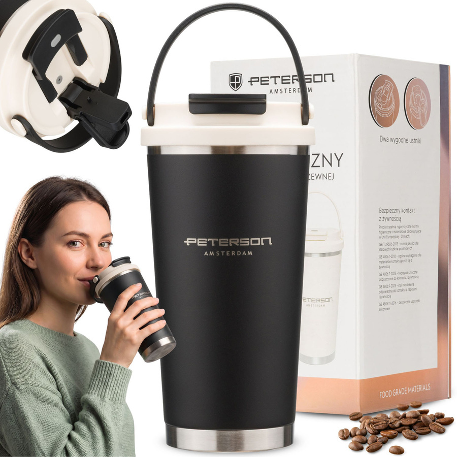 Kubek termiczny ze stali nierdzewnej unisex Peterson KT-03 560 ml z uchwytem czarny - cecha produktu