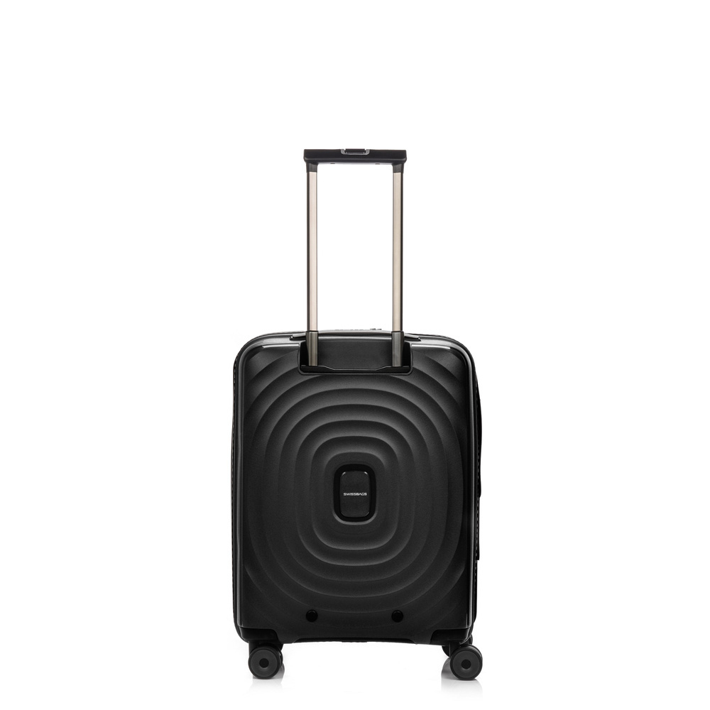 Czarna walizka SwissBags Echo 55 od tyłu, z wysuniętym uchwytem teleskopowym i tłoczonym wzorem